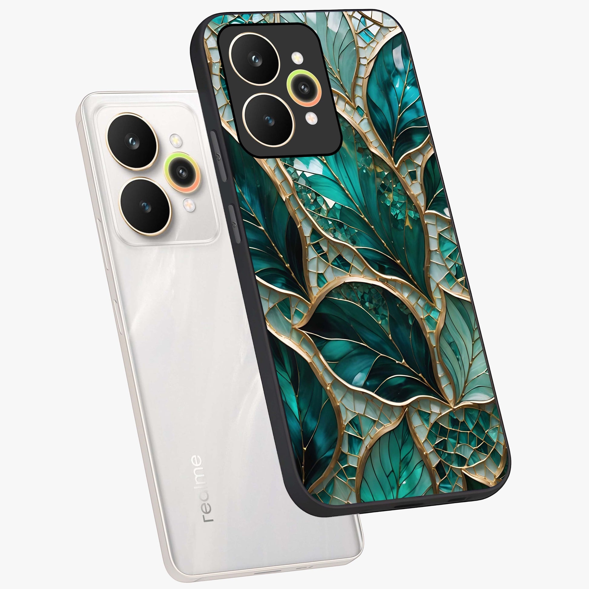 Emerald Leaf Glass Glass Case displayed in angled mockup highlighting botanical leaf illustration with elegant natural aesthetic.