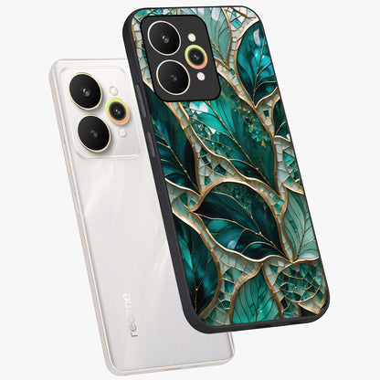 Emerald Leaf Glass Glass Case displayed in angled mockup highlighting botanical leaf illustration with elegant natural aesthetic.