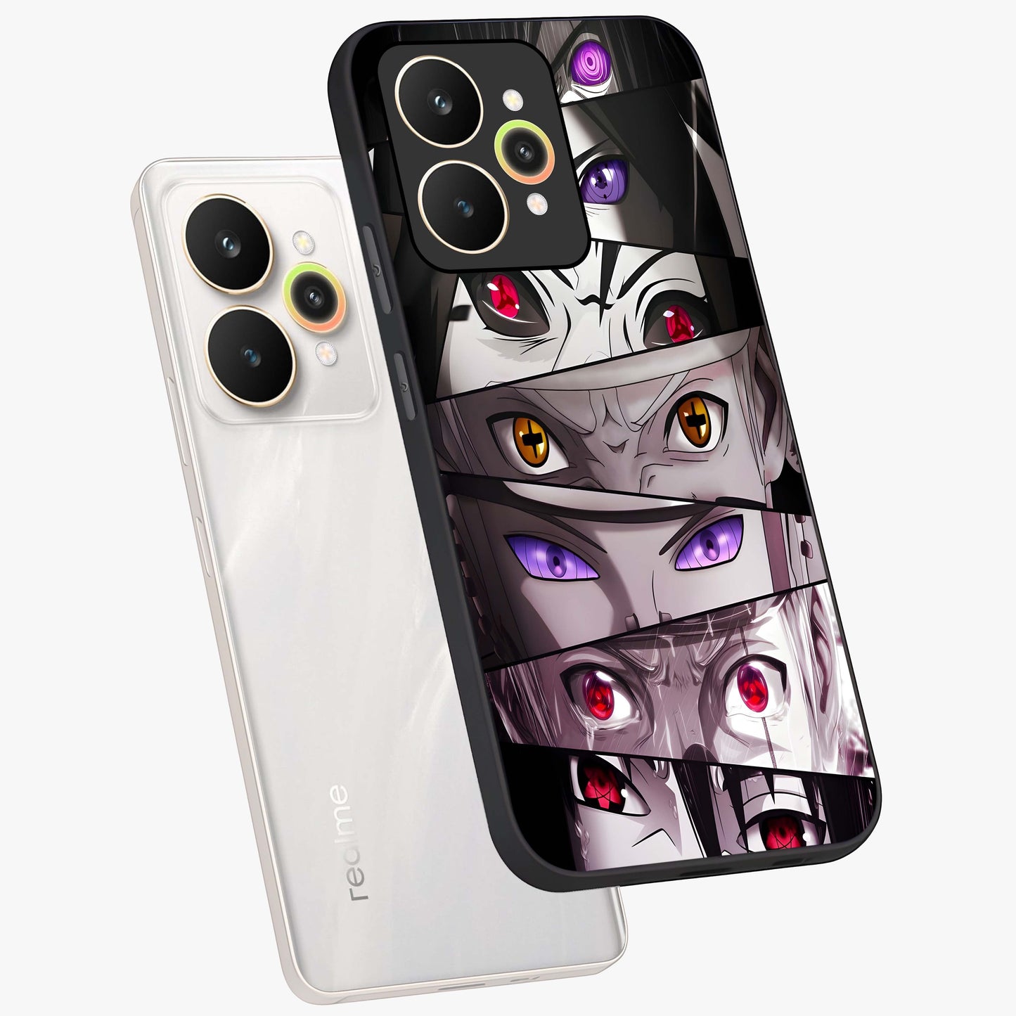 Eyes of Destiny Glass Case displayed in angled mockup highlighting bold eye illustration with mystical aesthetic style.