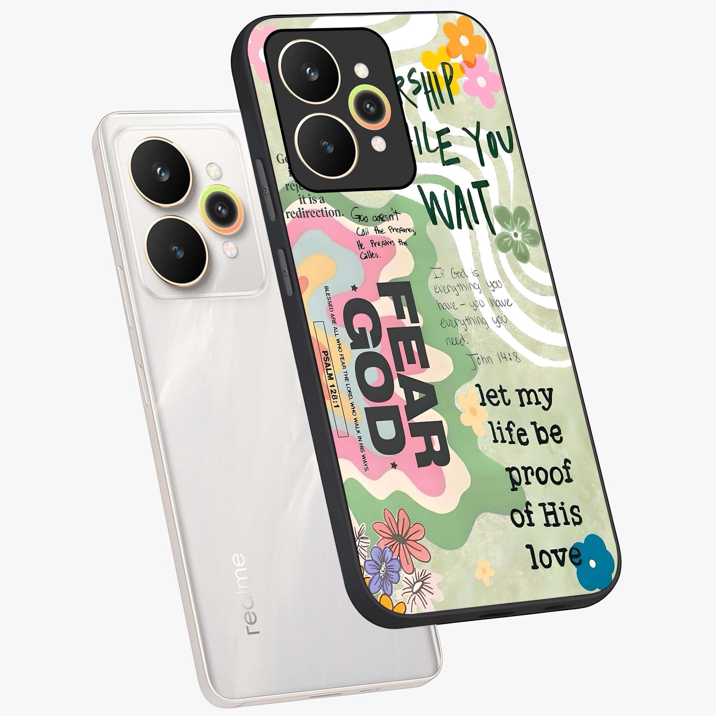 Faith Over Fear Glass Case displayed in angled mockup highlighting inspirational message design with modern aesthetic style.