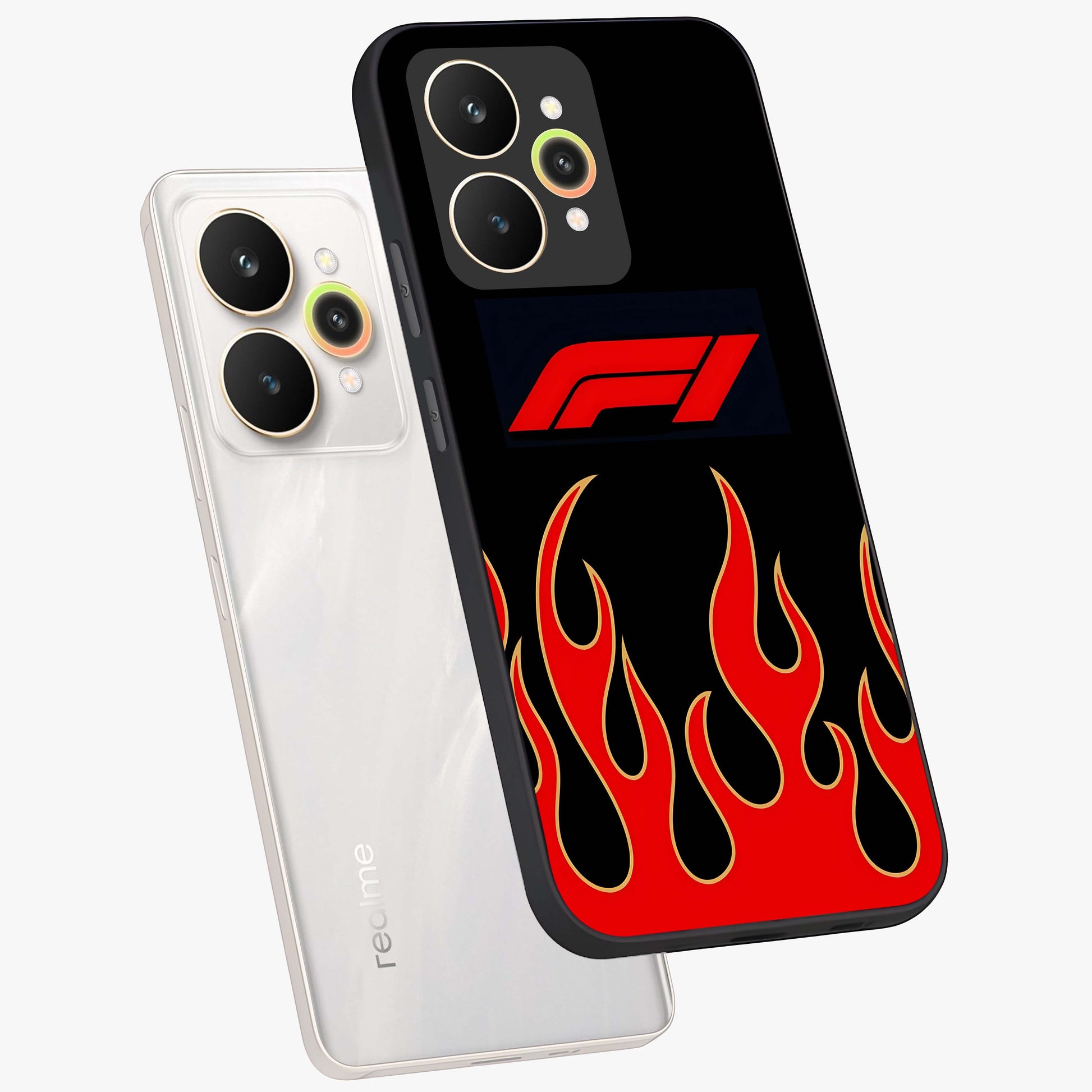Fire F11 Glass Case displayed in angled mockup highlighting bold fire inspired graphic with energetic aesthetic style.