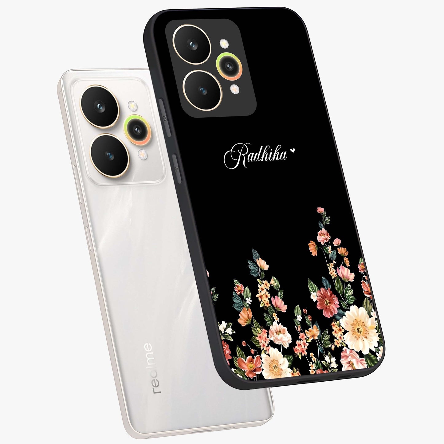 Floral Design With a Custom Personalized Name Glass Case displayed in angled mockup highlighting elegant floral pattern with custom name feature.