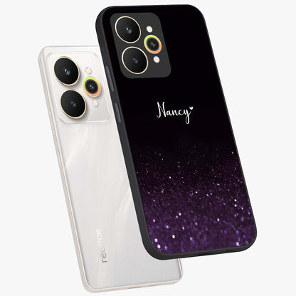 Glittery Purple Bokeh Custom Name Glass Case displayed in angled mockup highlighting glitter bokeh pattern with custom name feature.