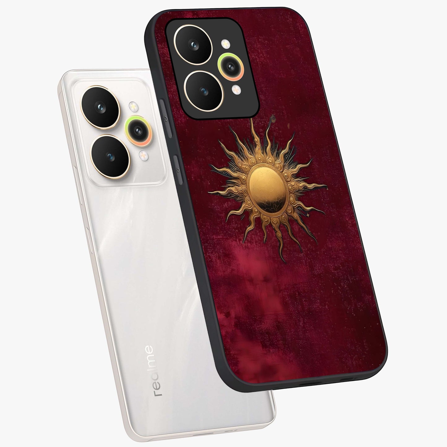 Golden Sun Minimalism Glass Case displayed in angled mockup highlighting clean sun symbol design with modern minimal aesthetic.