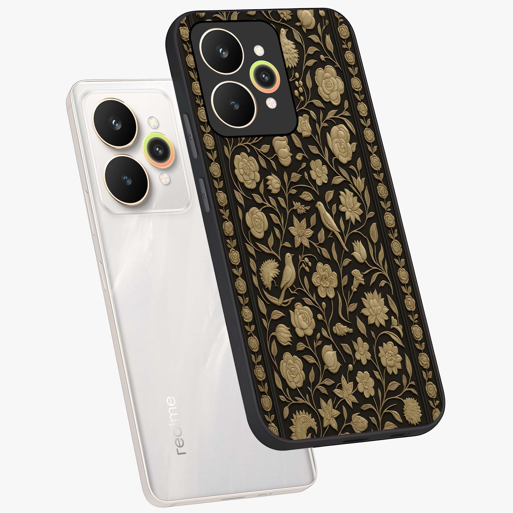 Golden Evil Eye Mandala Glass Case displayed in angled mockup highlighting protective evil eye symbol with golden mandala design.
