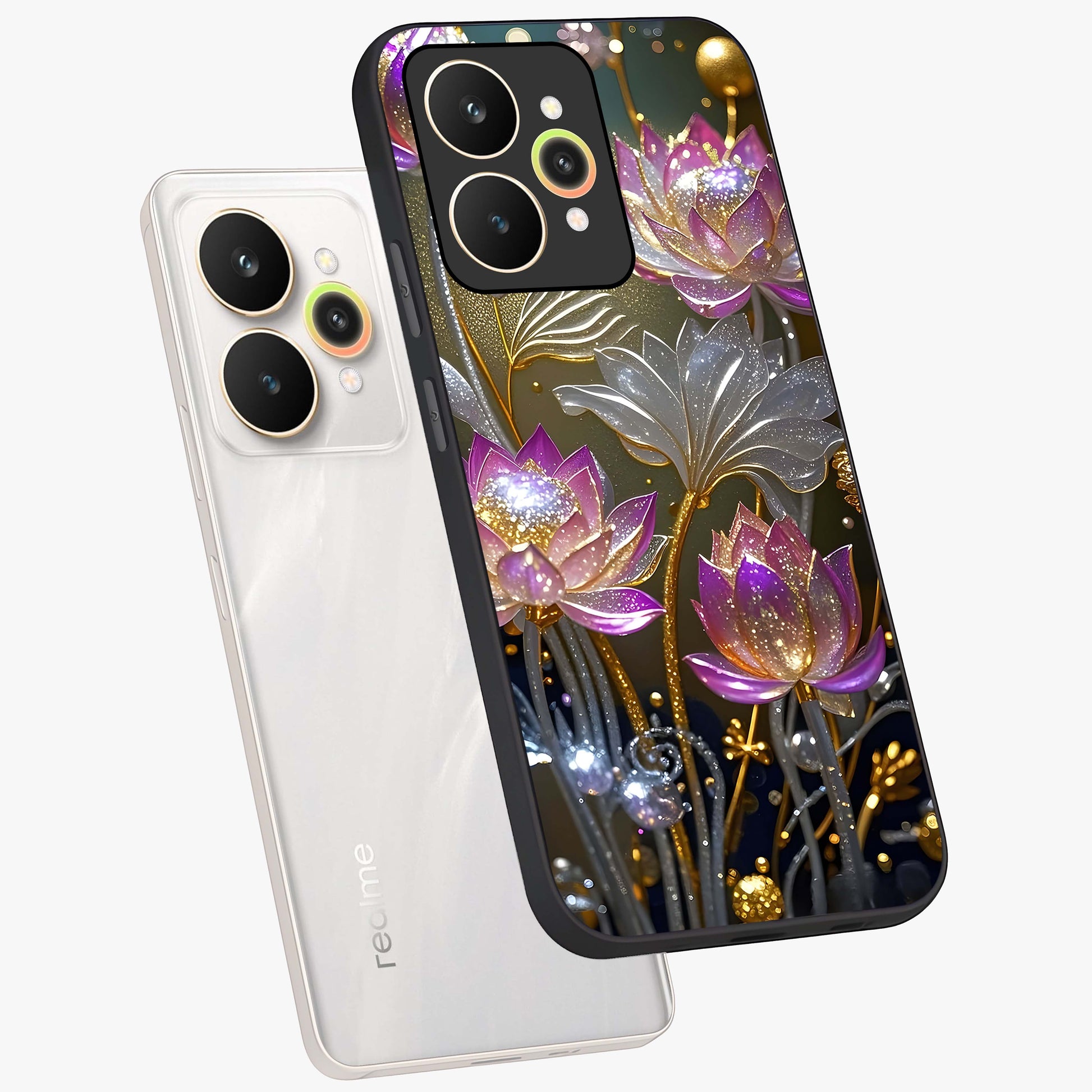 Golden Floral Majesty Glass Case displayed in angled mockup highlighting elegant flower design with royal golden aesthetic.