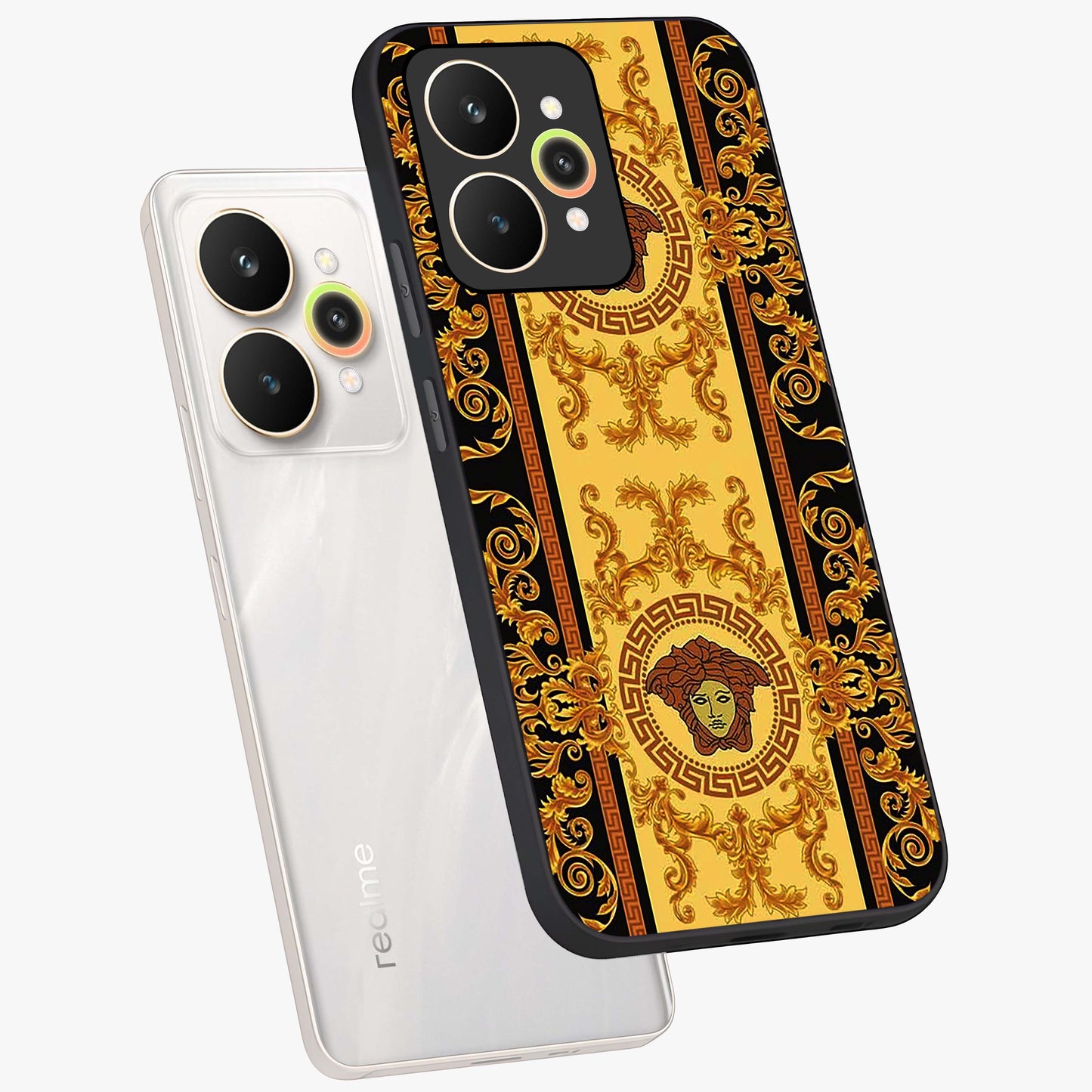 Golden Lotus Glow Glass Case displayed in angled mockup highlighting radiant lotus illustration with spiritual aesthetic.
