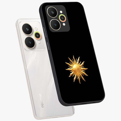 Golden Sun Minimalism Glass Case displayed in angled mockup highlighting eerie shadow illustration with gothic aesthetic.