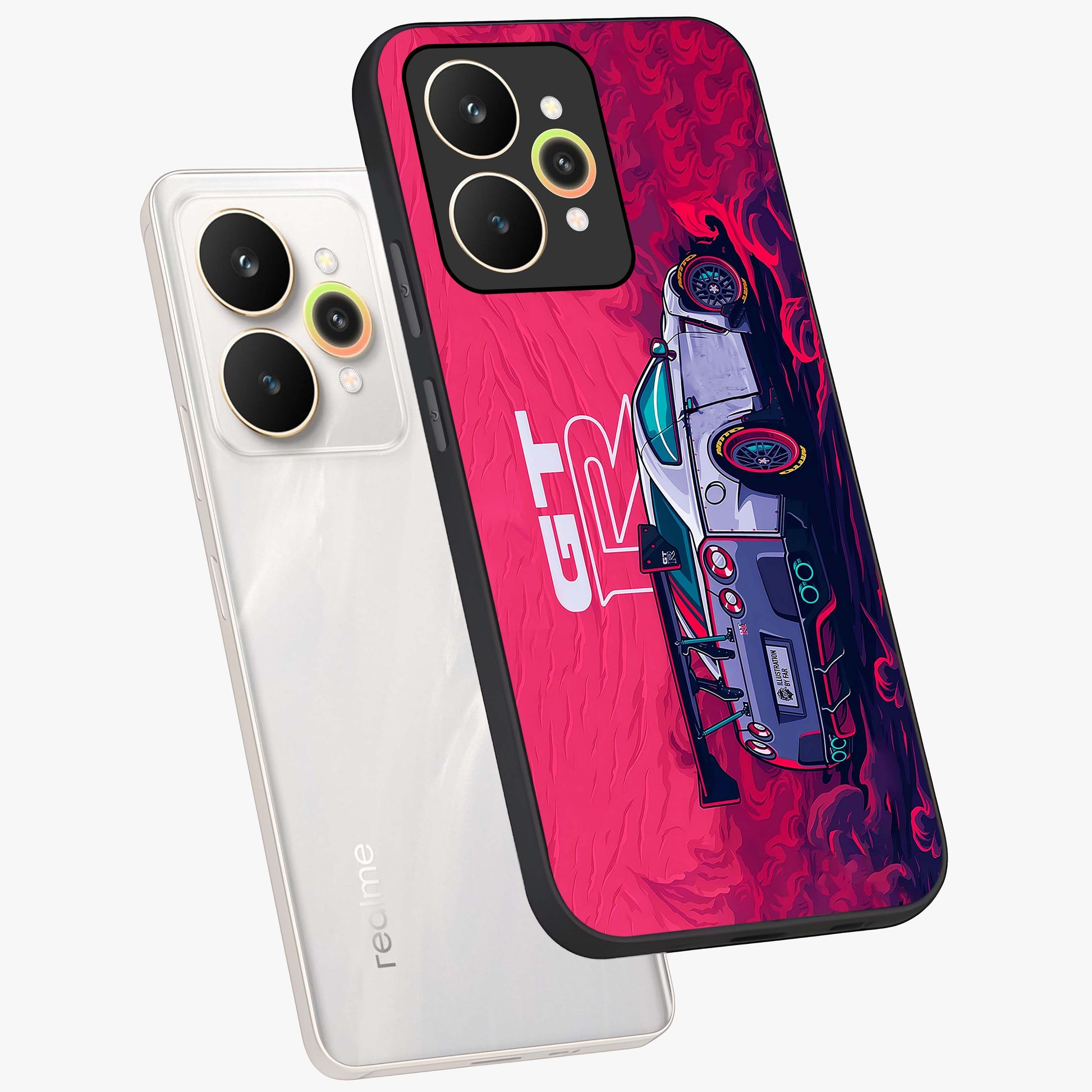 GT-R Car Pattern Glass Case displayed in angled mockup highlighting racing car graphic design with bold automotive aesthetic.