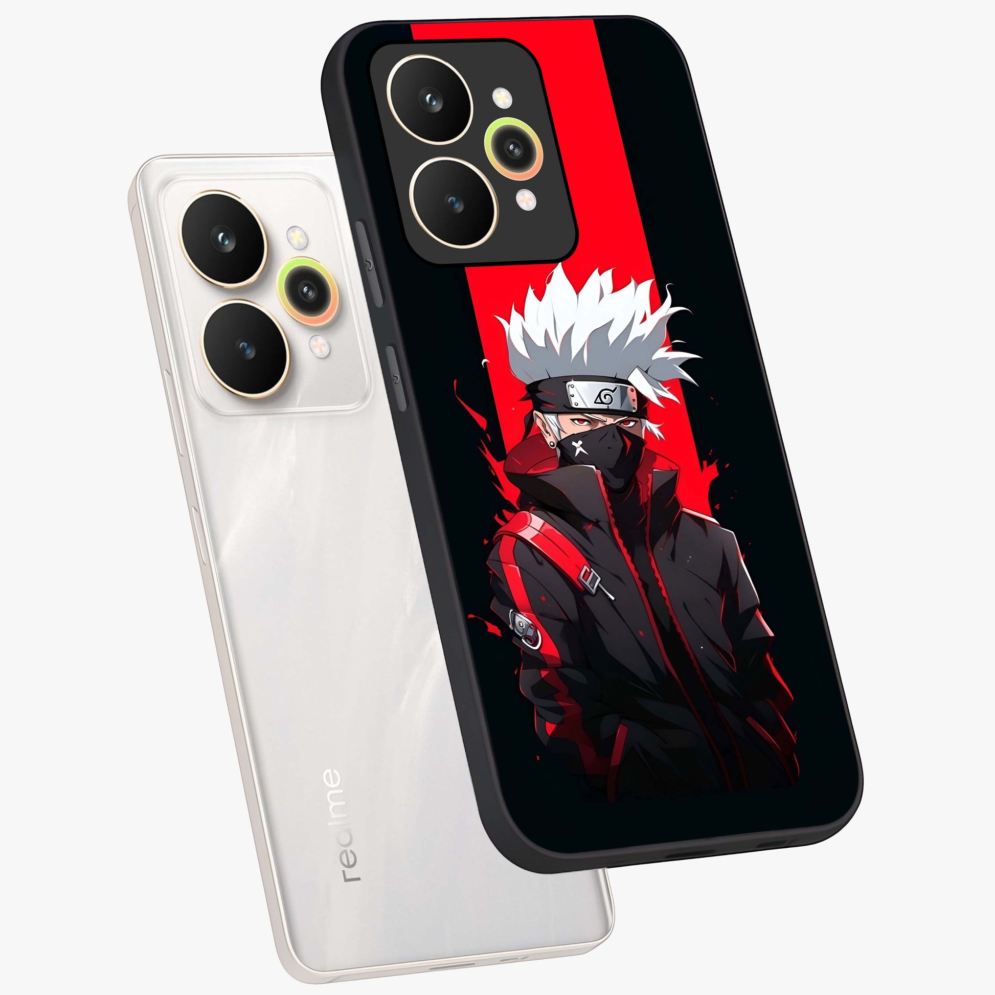 Kakashi Scarlet Shadow Glass Case displayed in angled mockup highlighting dramatic ninja illustration with scarlet themed aesthetic.