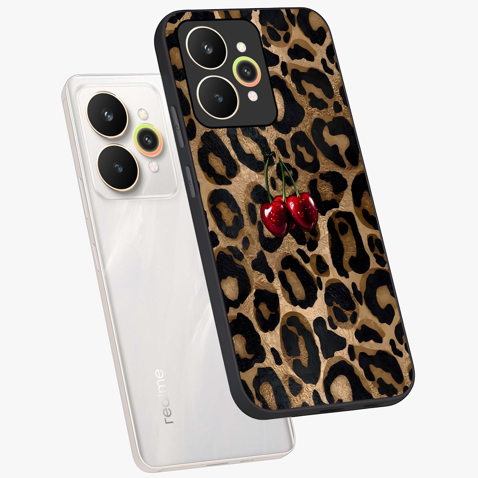Leopard Wild Cherry Glass Case displayed in angled mockup highlighting bold animal print design with playful cherry aesthetic.