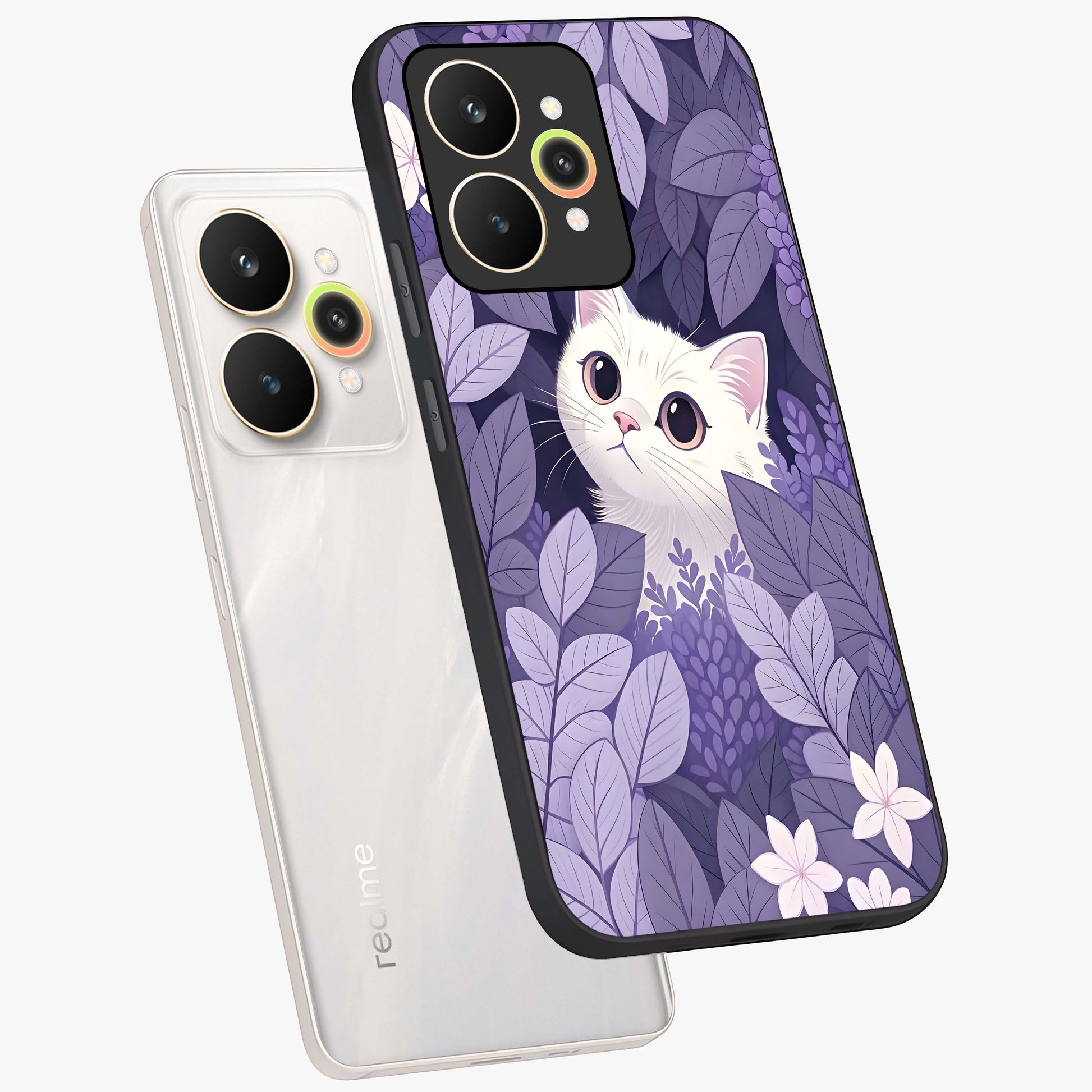 Lilac Hide Peek Cat Glass Case displayed in angled mockup highlighting playful feline illustration with lilac aesthetic design.
