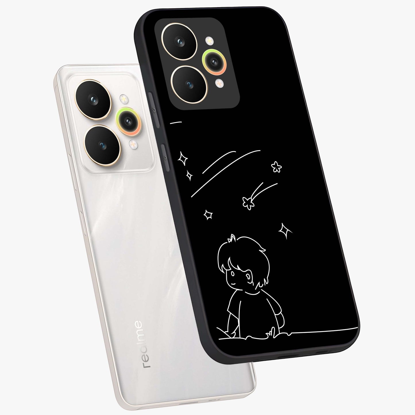 Line Art Boy With Shooting Stars Glass Case displayed in angled mockup highlighting elegant line art design with dreamy star aesthetic.