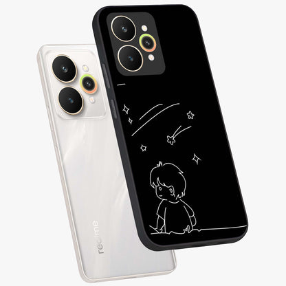 Line Art Boy With Shooting Stars Glass Case displayed in angled mockup highlighting elegant line art design with dreamy star aesthetic.