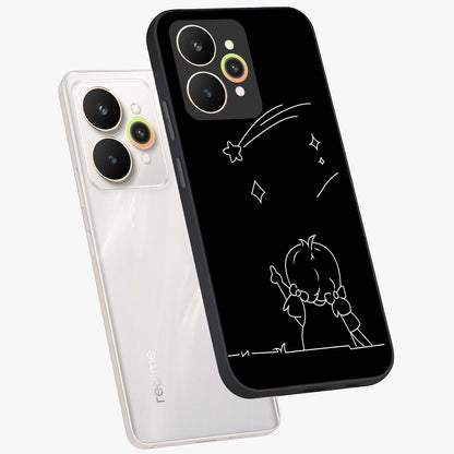 Line Art Girl With Shooting Stars Glass Case displayed in angled mockup highlighting elegant line art design with dreamy star aesthetic.
