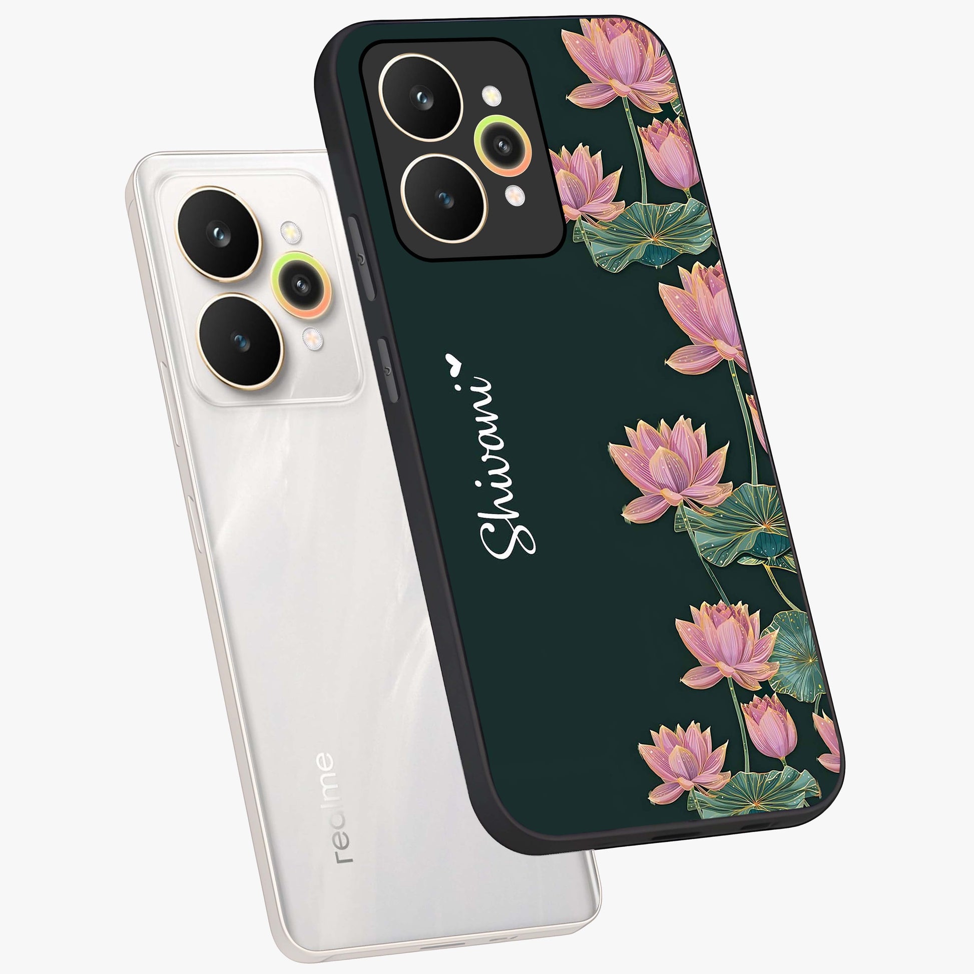 Lotus Bloom Serenity Custom Name Glass Case displayed in angled mockup highlighting graceful lotus illustration with custom name feature.