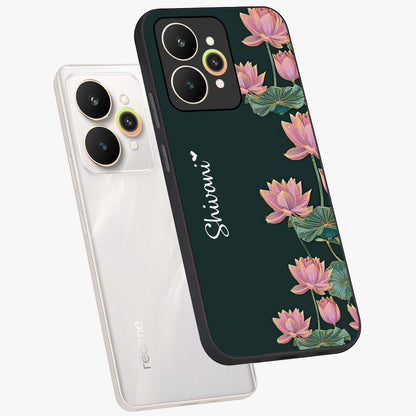 Lotus Bloom Serenity Custom Name Glass Case displayed in angled mockup highlighting graceful lotus illustration with custom name feature.