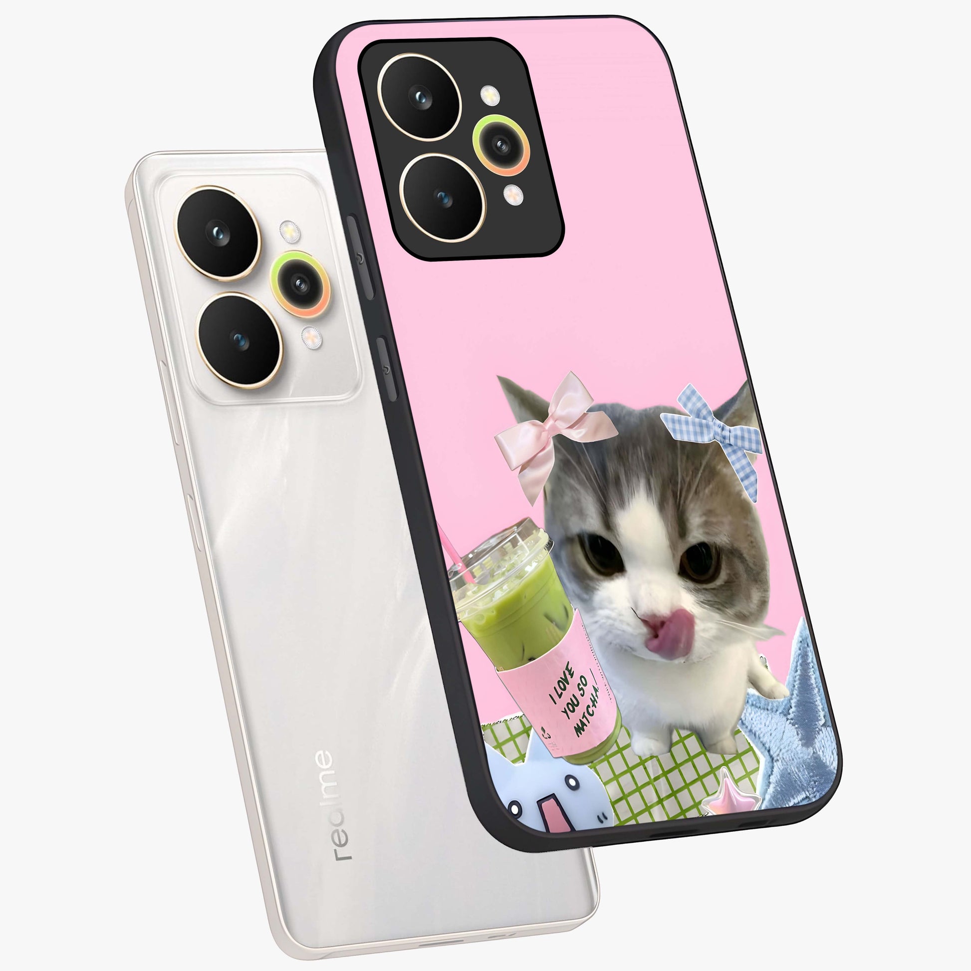 Love Matcha Cat Glass Case displayed in angled mockup highlighting playful feline illustration with cozy matcha aesthetic.