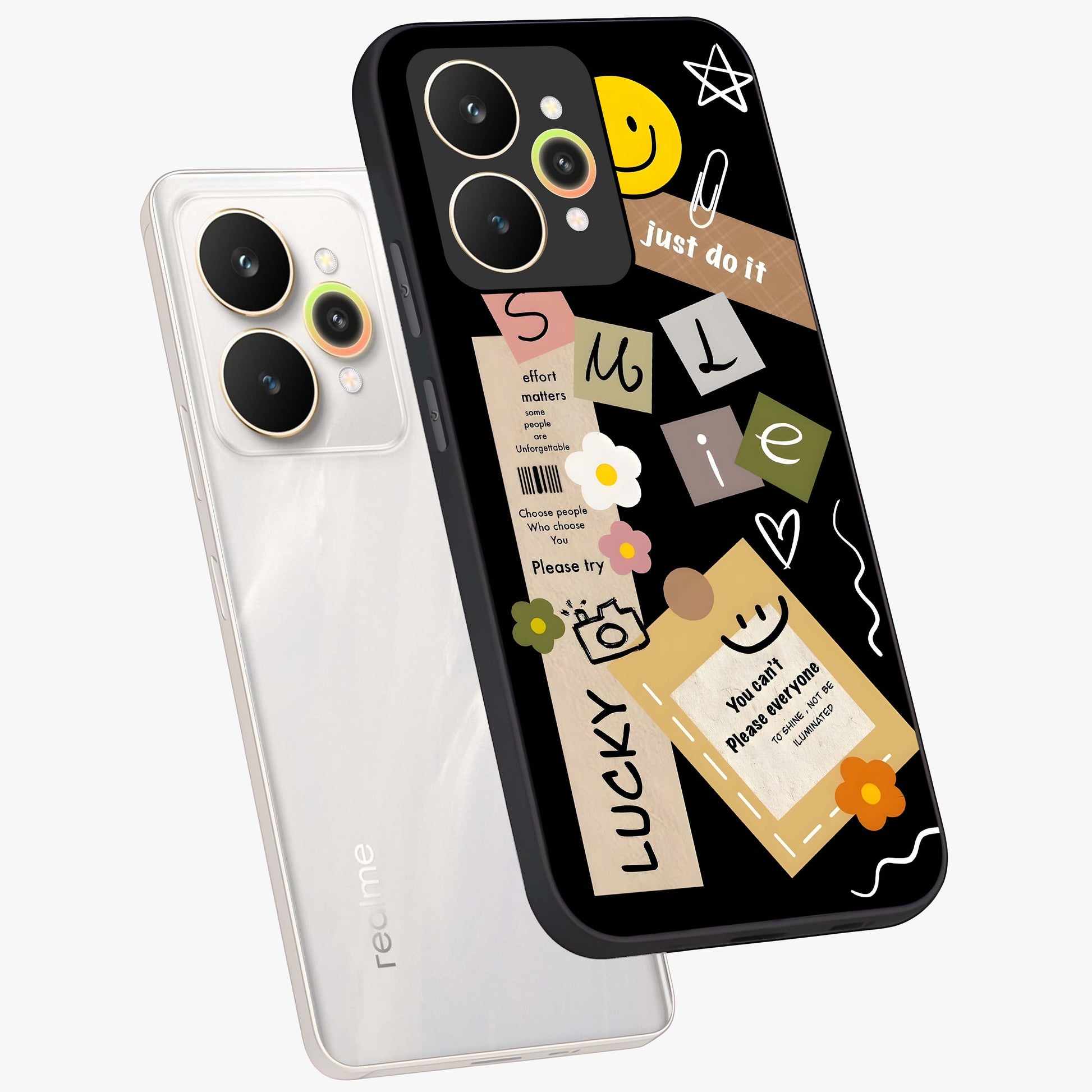 Lucky Aesthetic Collage Glass Case displayed in angled mockup highlighting stylish collage pattern with modern aesthetic vibe.