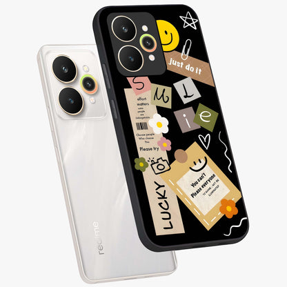 Lucky Aesthetic Collage Glass Case displayed in angled mockup highlighting stylish collage pattern with modern aesthetic vibe.