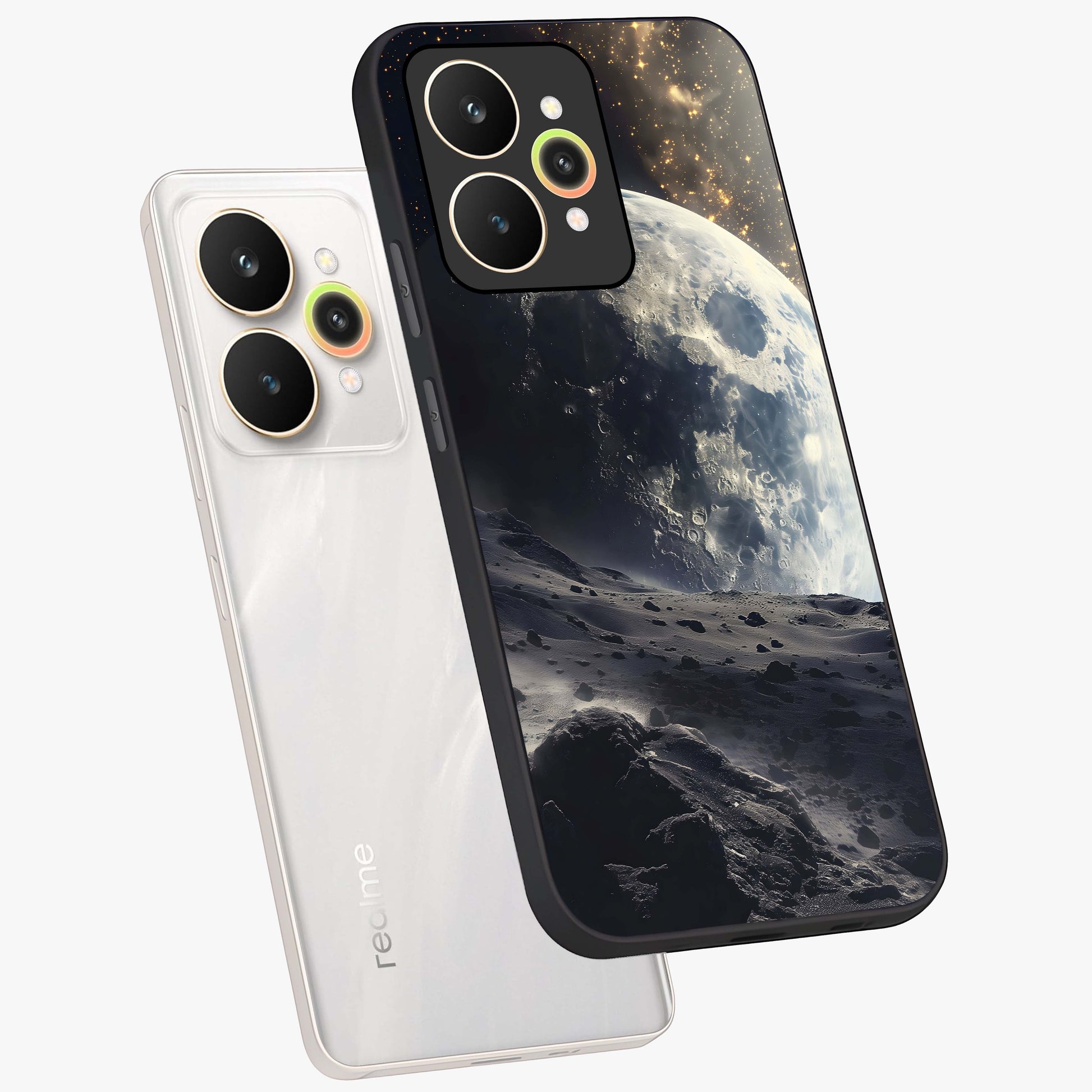 Lunar Horizon Glow Glass Case displayed in angled mockup highlighting celestial moon design with dreamy night aesthetic.