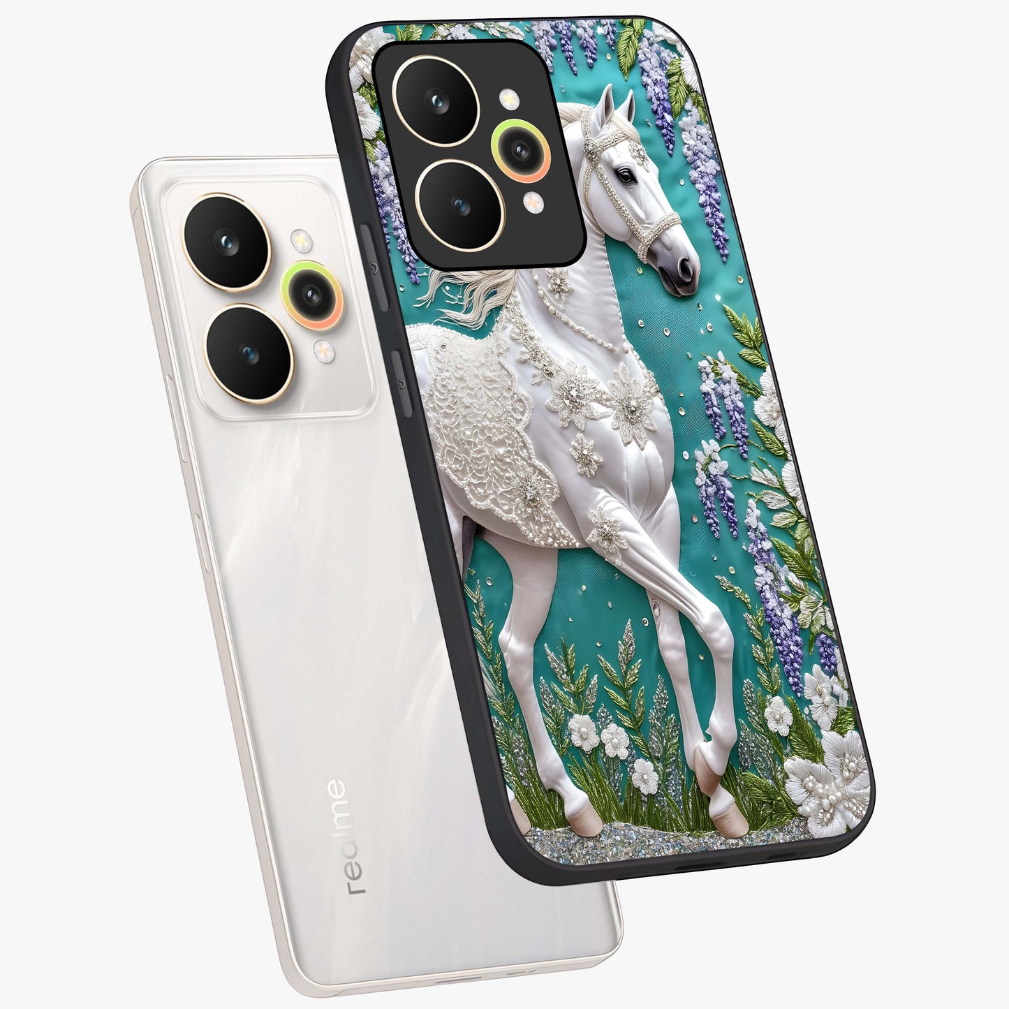 Majestic Floral Stallion Glass Case displayed in angled mockup highlighting majestic stallion illustration with elegant floral aesthetic.