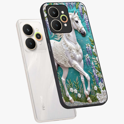 Majestic Floral Stallion Glass Case displayed in angled mockup highlighting majestic stallion illustration with elegant floral aesthetic.