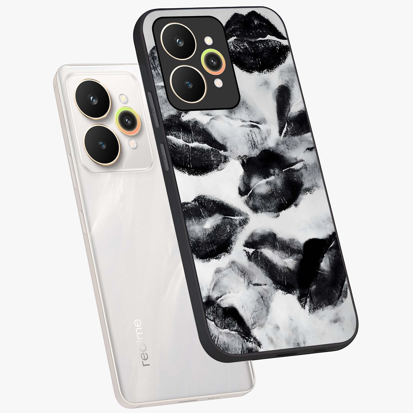 Midnight Kiss Marks Glass Case displayed in angled mockup highlighting playful romantic design with bold midnight aesthetic.