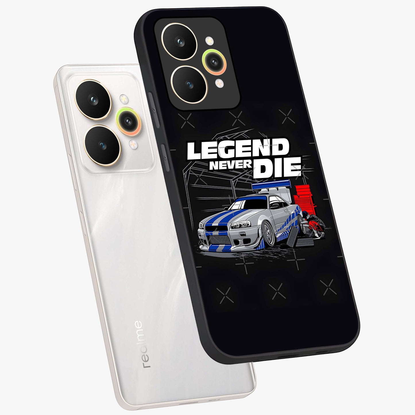 Midnight Racing Legacy Glass Case displayed in angled mockup highlighting dynamic automotive design with bold midnight aesthetic.