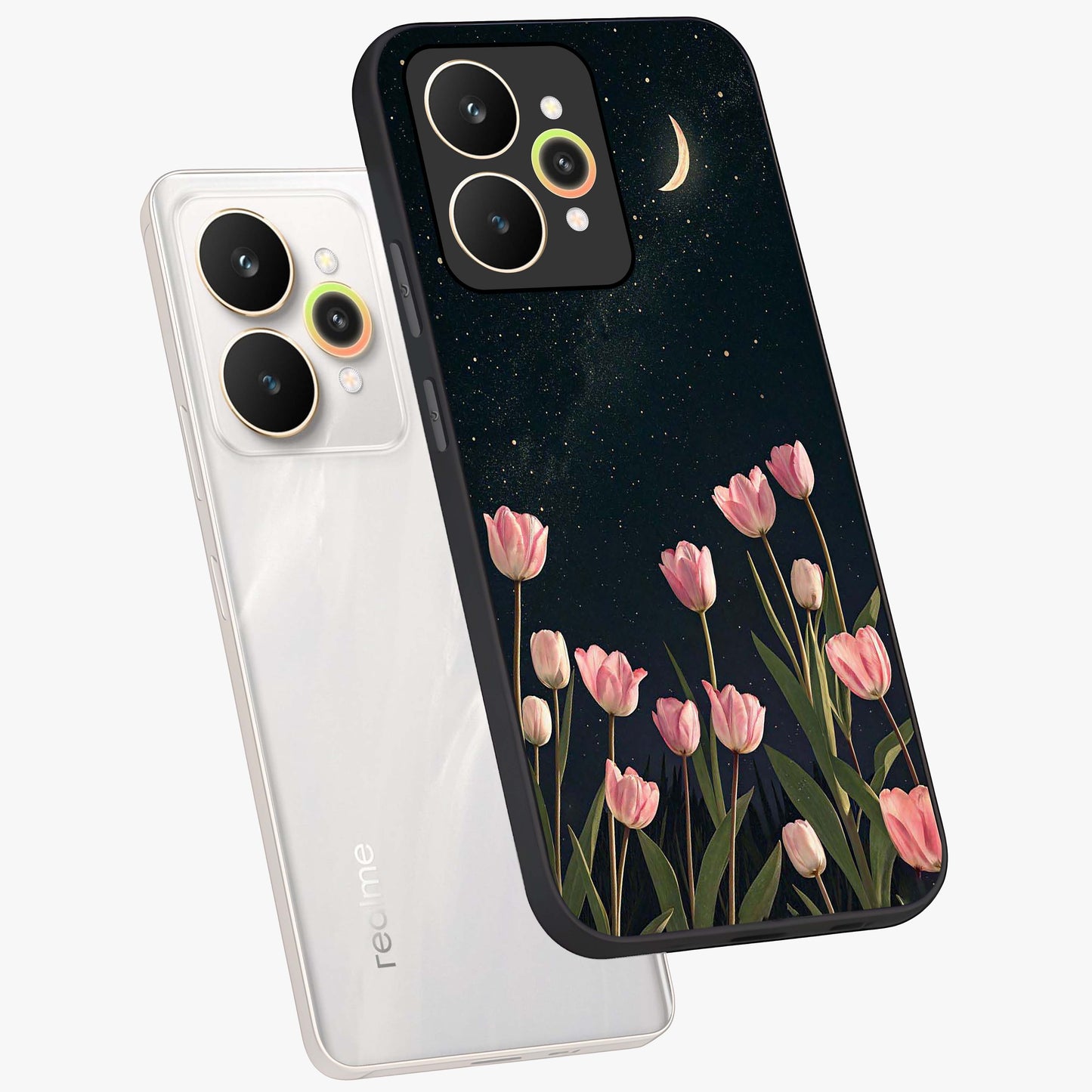 Midnight Tulip Whispers Vibe Glass Case displayed in angled mockup highlighting delicate tulip design with midnight floral aesthetic.