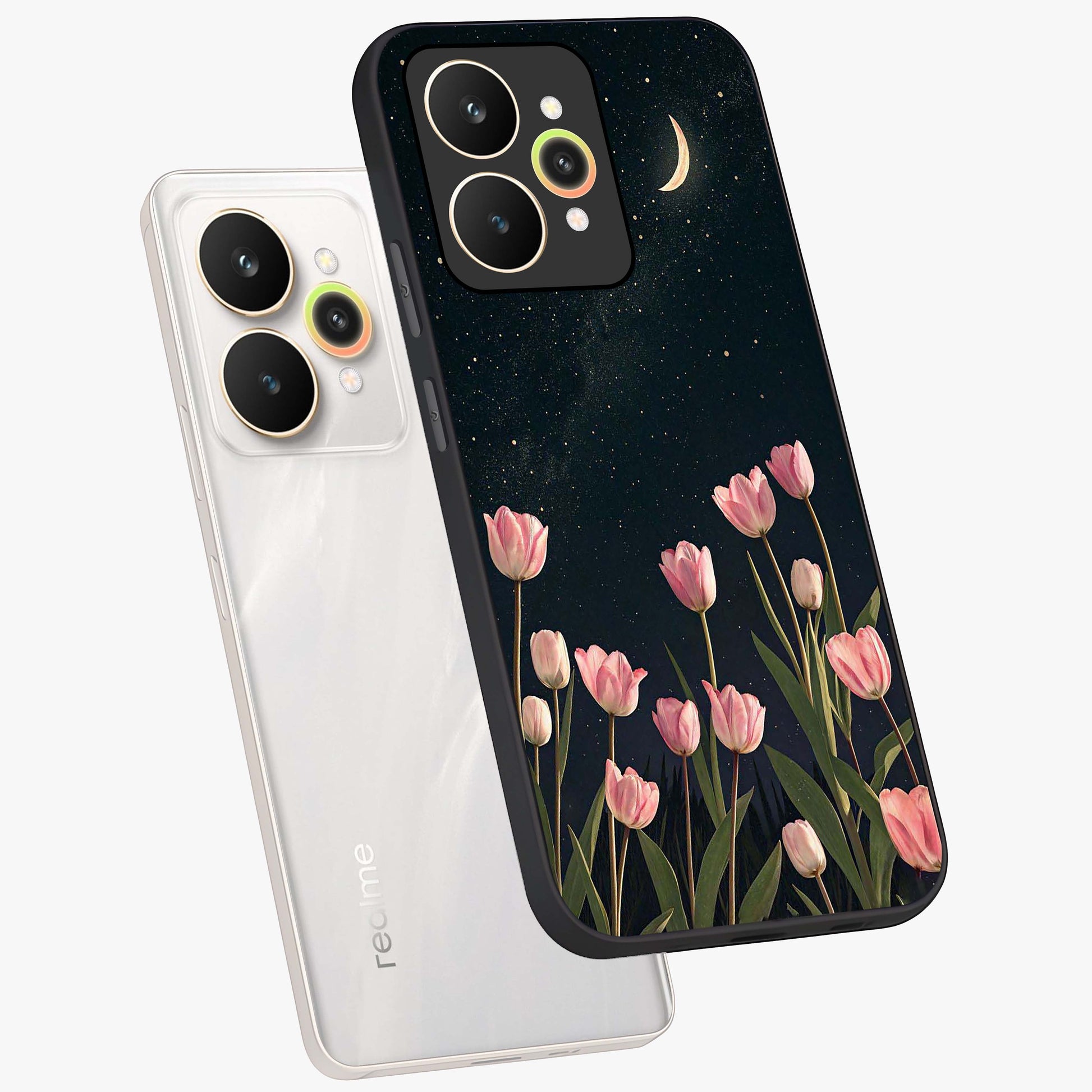 Midnight Tulip Whispers Vibe Glass Case displayed in angled mockup highlighting delicate tulip design with midnight floral aesthetic.