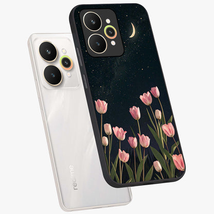 Midnight Tulip Whispers Vibe Glass Case displayed in angled mockup highlighting delicate tulip design with midnight floral aesthetic.