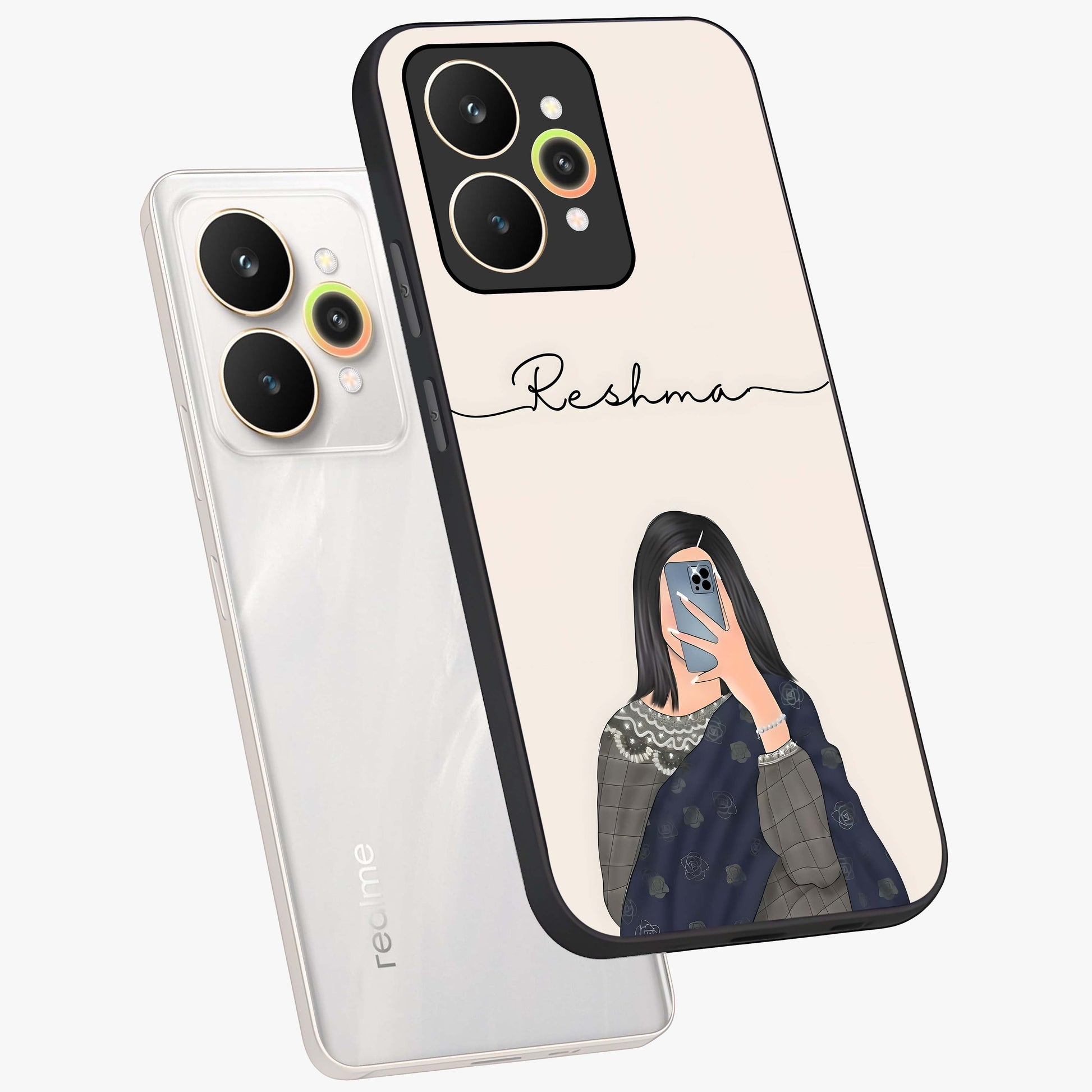 Mirror Mood Muse With Custom Name Glass Case displayed in angled mockup highlighting aesthetic mirror inspired design with custom name feature.