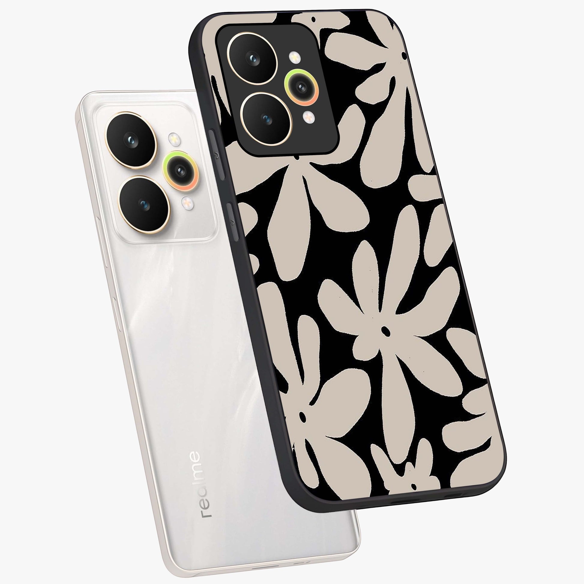 Monochrome Petal Dance Glass Case displayed in angled mockup highlighting elegant petal design with black and white aesthetic.