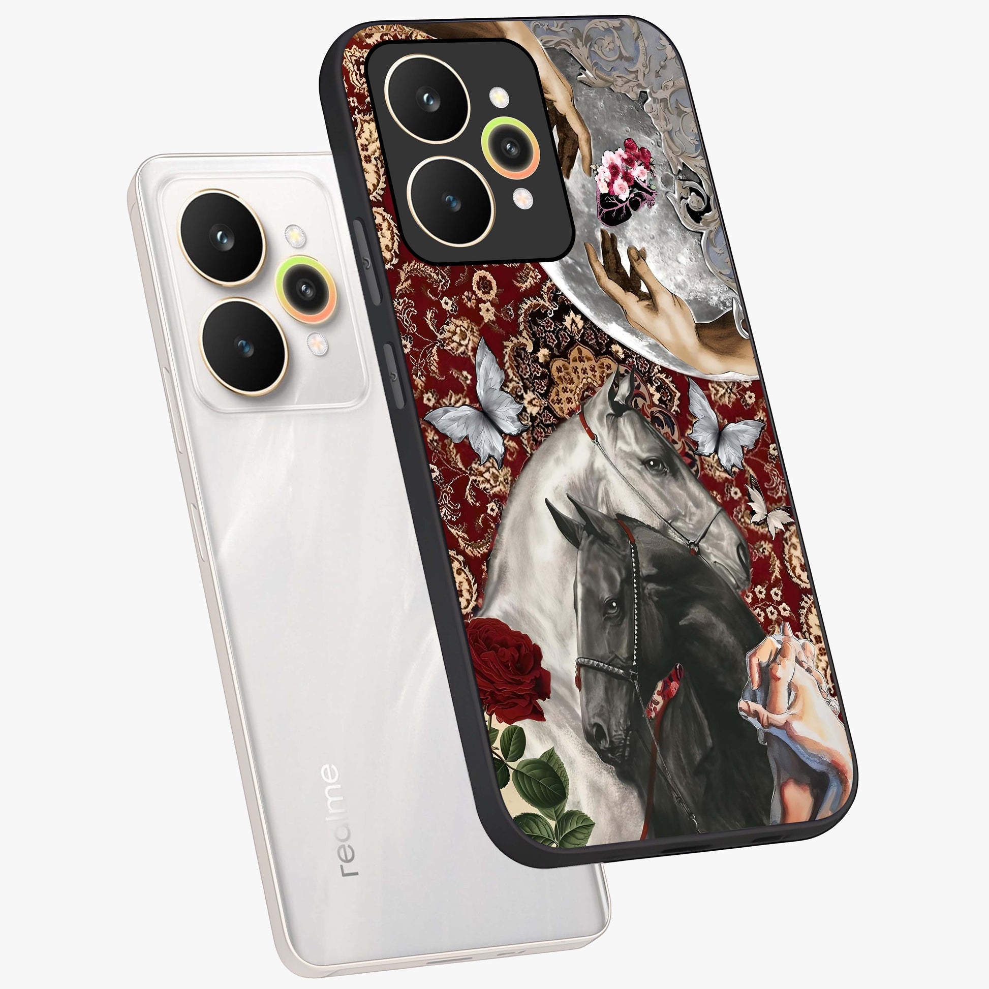 Moonlit Royal Stallion Glass Case displayed in angled mockup highlighting powerful stallion illustration with royal night aesthetic.
