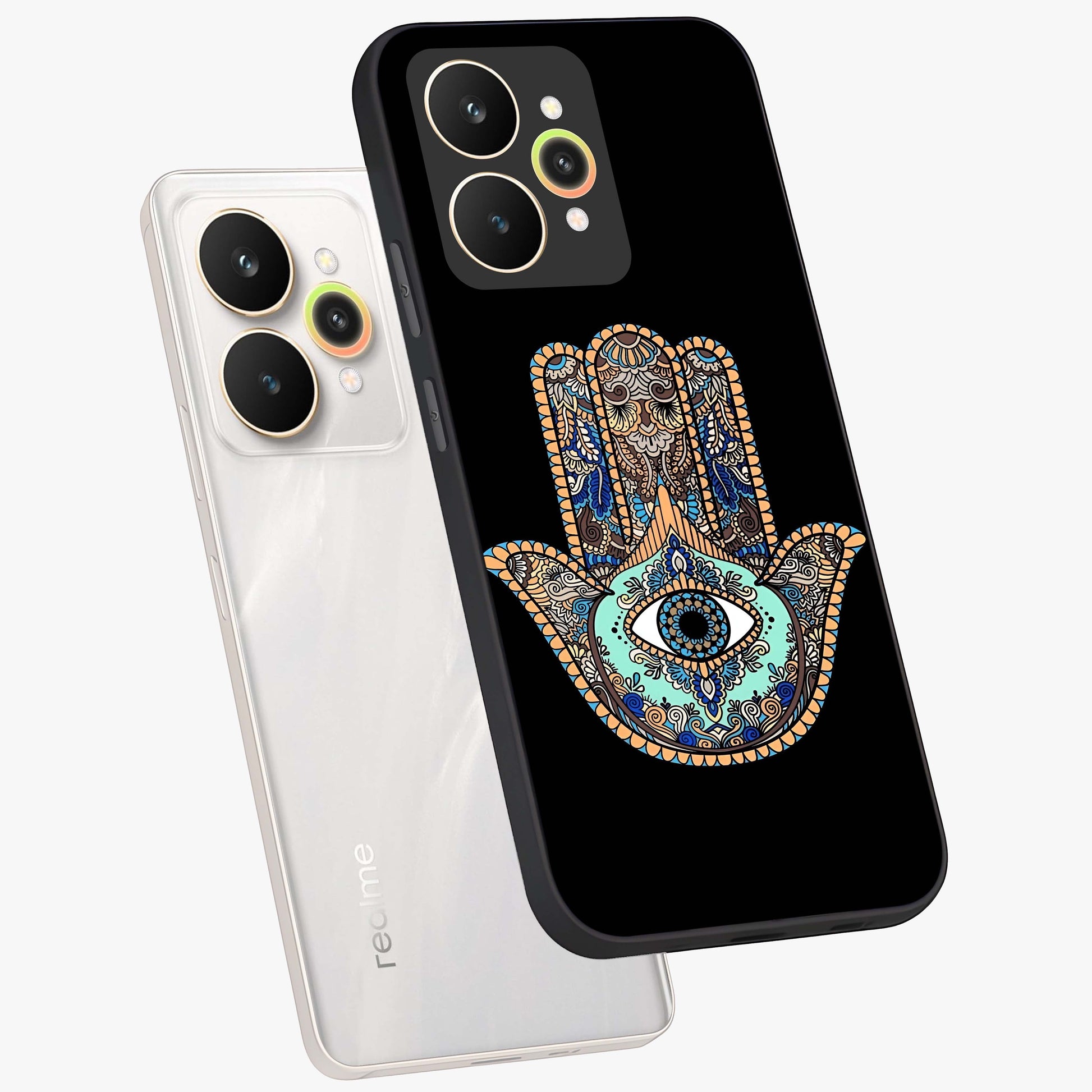 Mystic Hamsa Eye Glass Case displayed in angled mockup highlighting spiritual hamsa symbol with mystical aesthetic style.