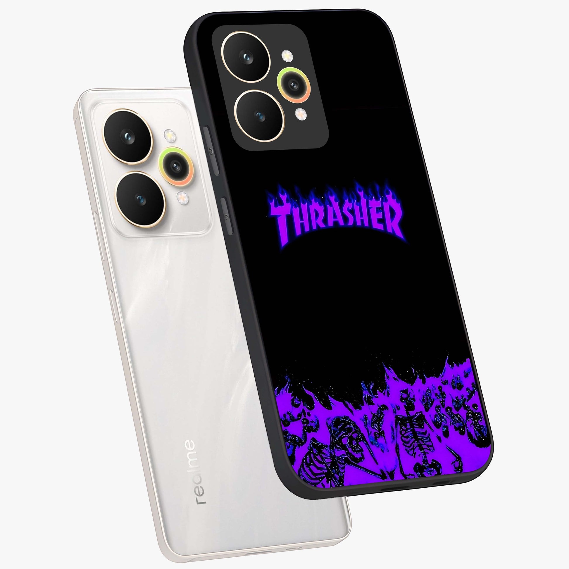 Neon Flame Riot Glass Case displayed in angled mockup highlighting glowing flame design with vibrant neon aesthetic.