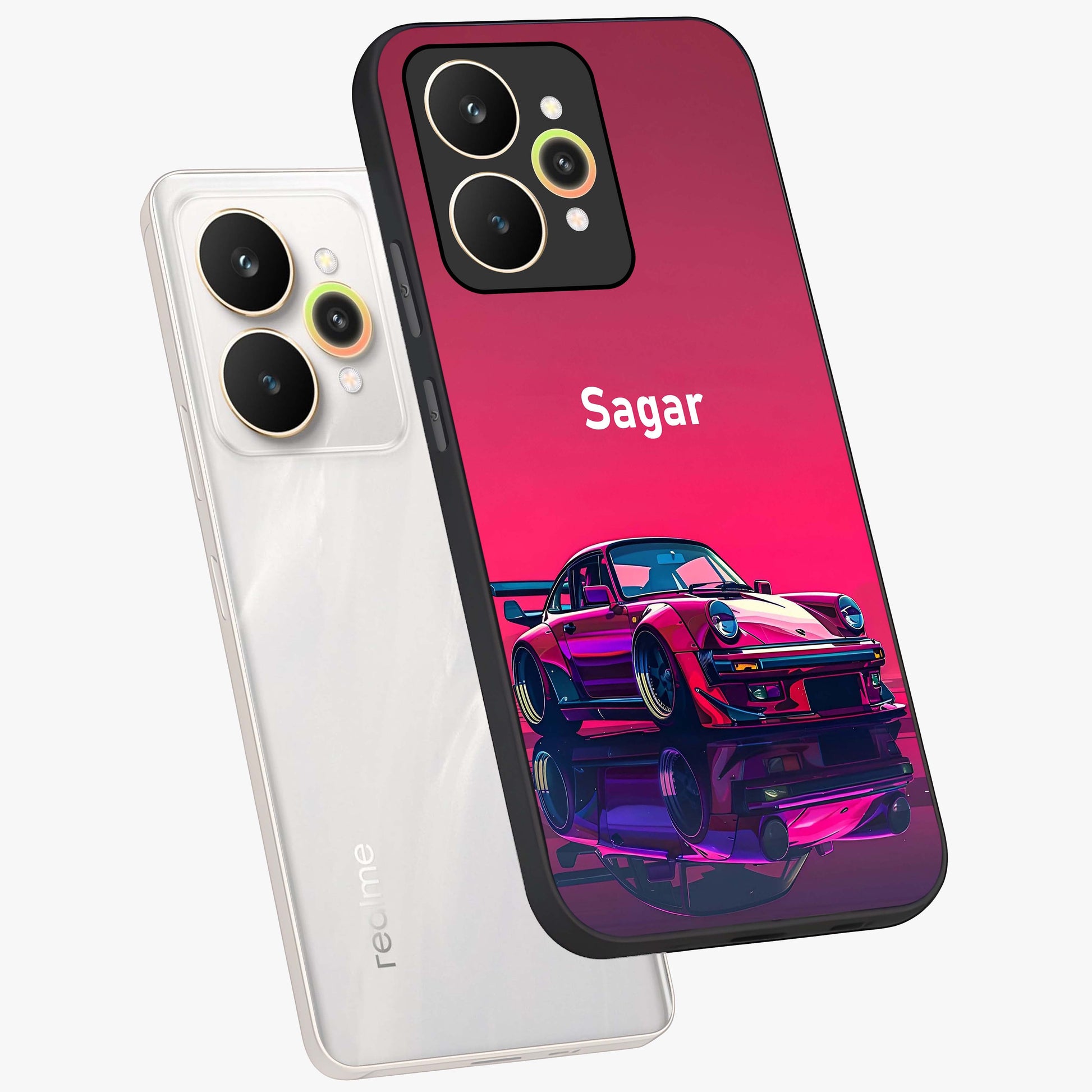 Neon Pink Porsche Glass Case displayed in angled mockup highlighting sleek neon pink car design with racing aesthetic.