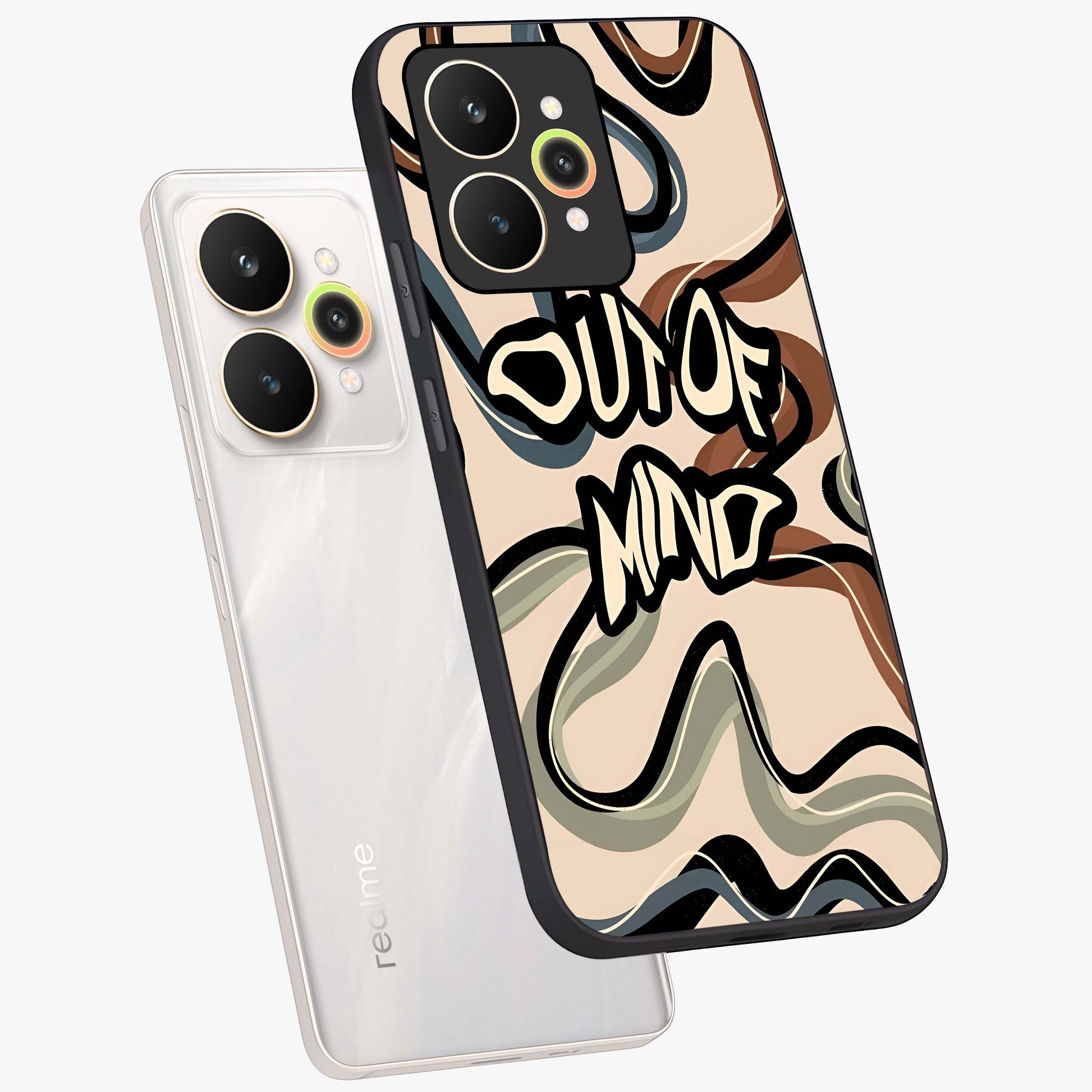 Out Of Mind Glass Case displayed in angled mockup highlighting bold statement design with modern artistic aesthetic.