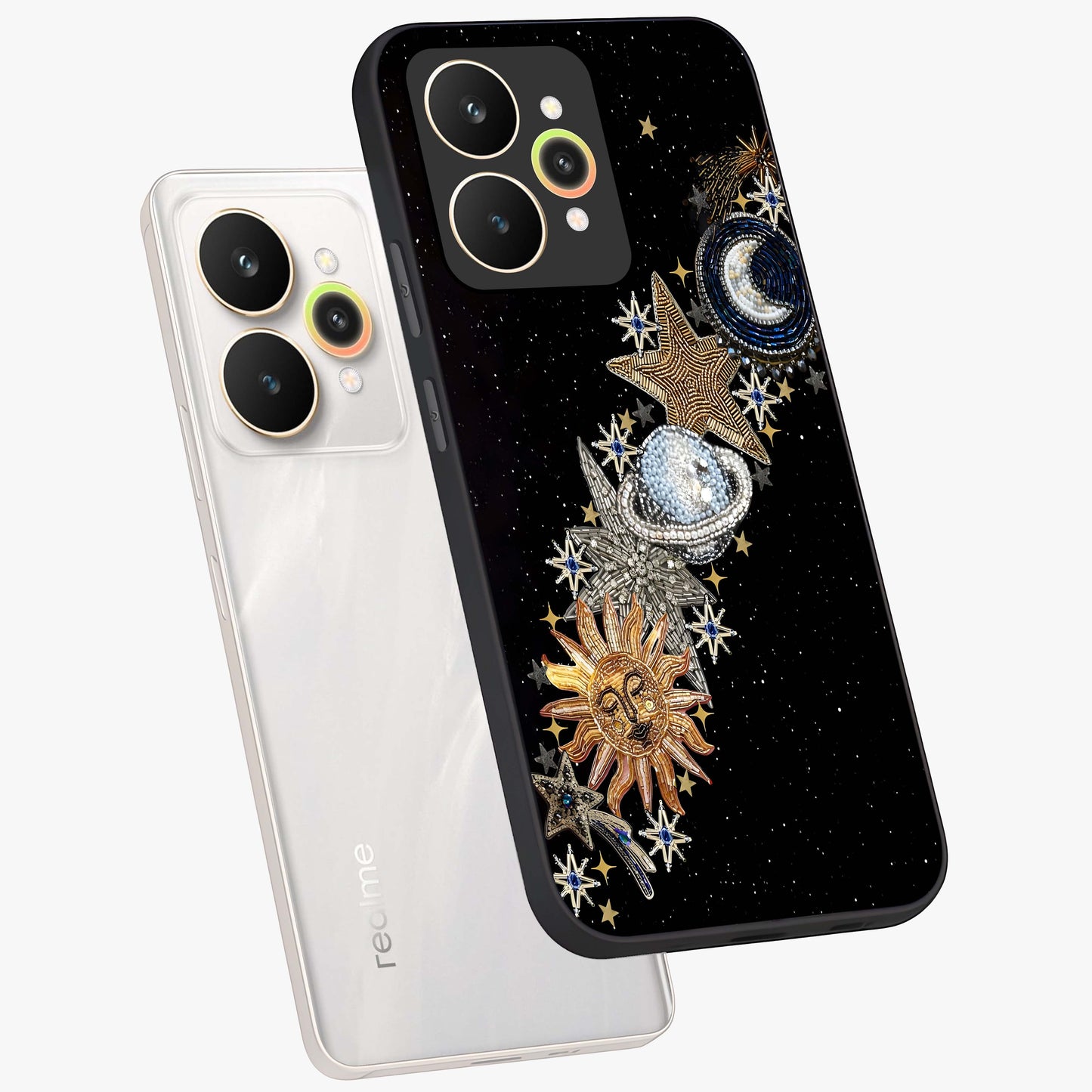 Pearls Universe Object Glass Case displayed in angled mockup highlighting celestial pearl design with dreamy aesthetic.