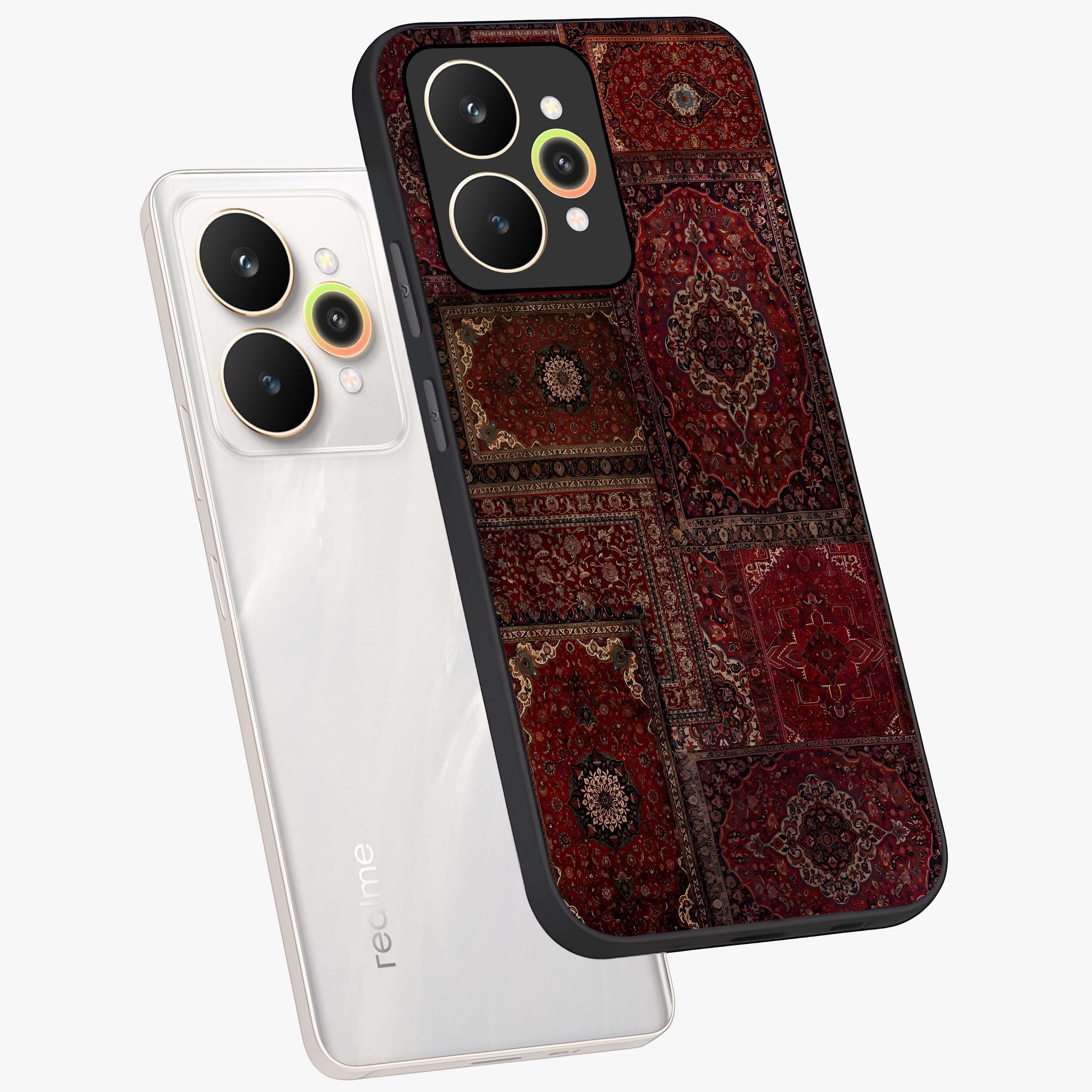 Persian Velvet Tale Glass Case displayed in angled mockup highlighting ornate textile inspired design with royal aesthetic.