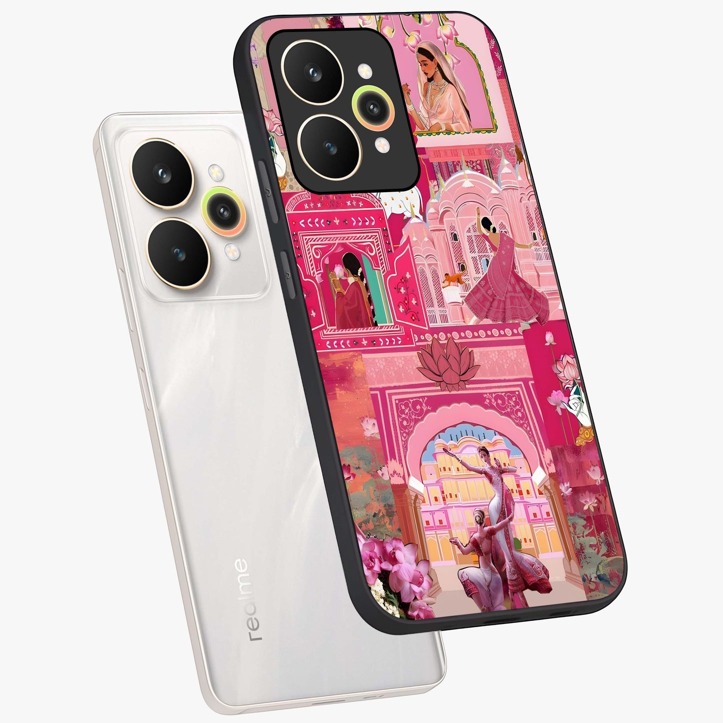 Pink Palace Muse Glass Case displayed in angled mockup highlighting dreamy palace illustration with soft pink aesthetic.