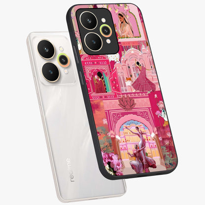 Pink Palace Muse Glass Case displayed in angled mockup highlighting dreamy palace illustration with soft pink aesthetic.