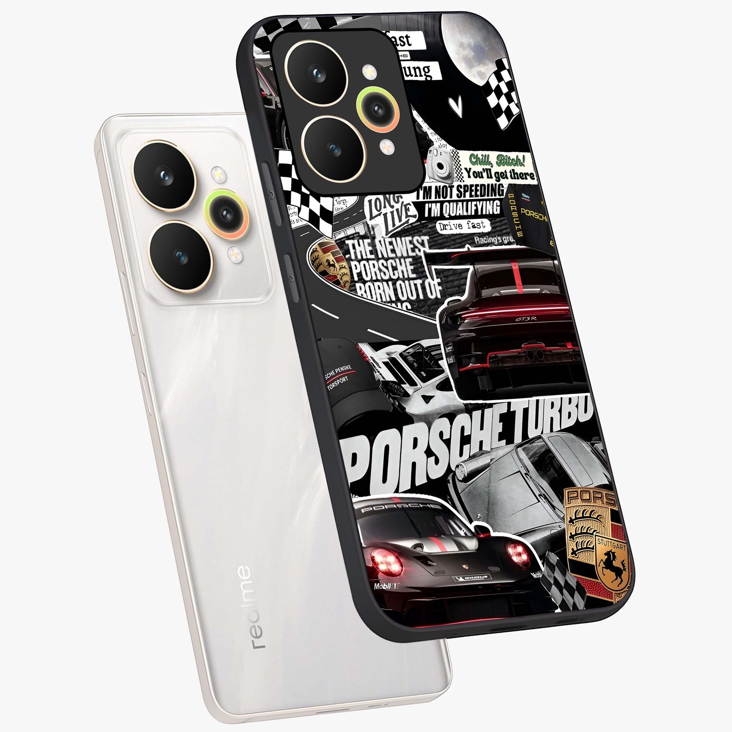 Porsche Racing Collage Glass Case displayed in angled mockup highlighting dynamic automotive design with bold racing aesthetic.