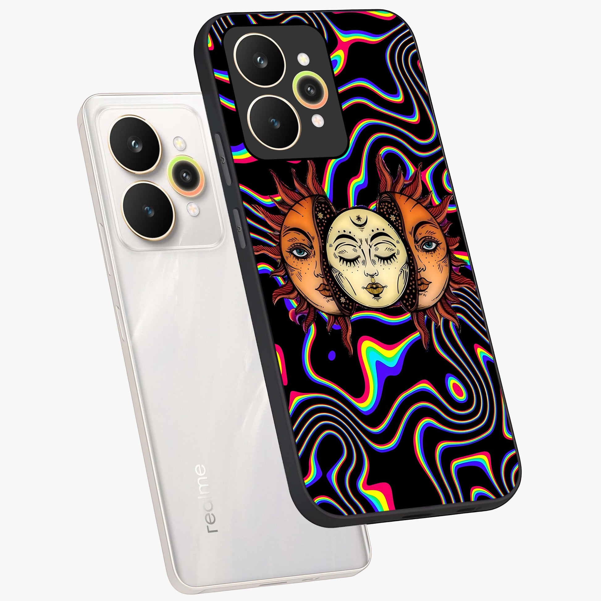 Psychedelic Sun Glass Case displayed in angled mockup highlighting vibrant abstract sun design with artistic aesthetic style.
