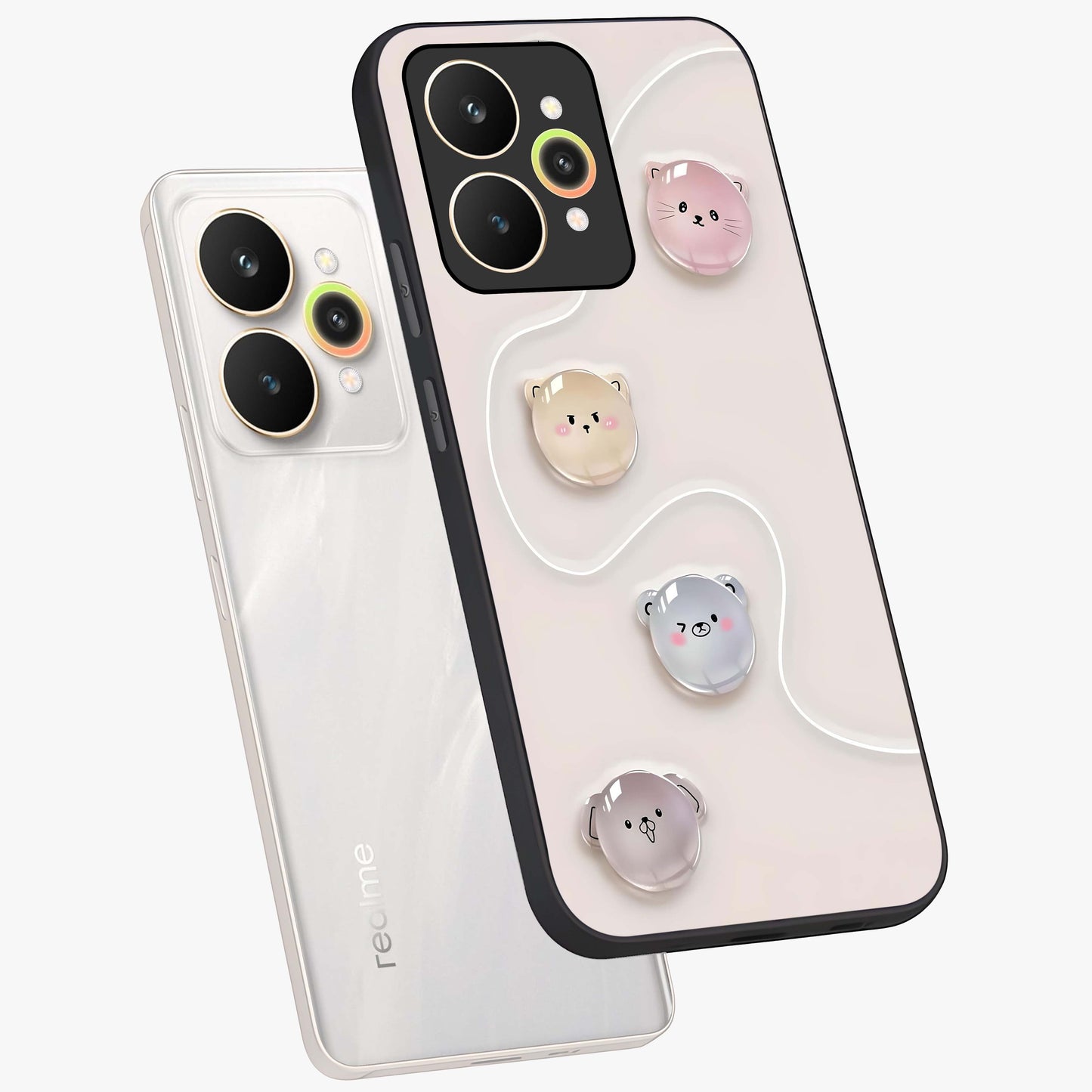 Puffy Face Parade Glass Case displayed in angled mockup highlighting playful cartoon face design with fun aesthetic.