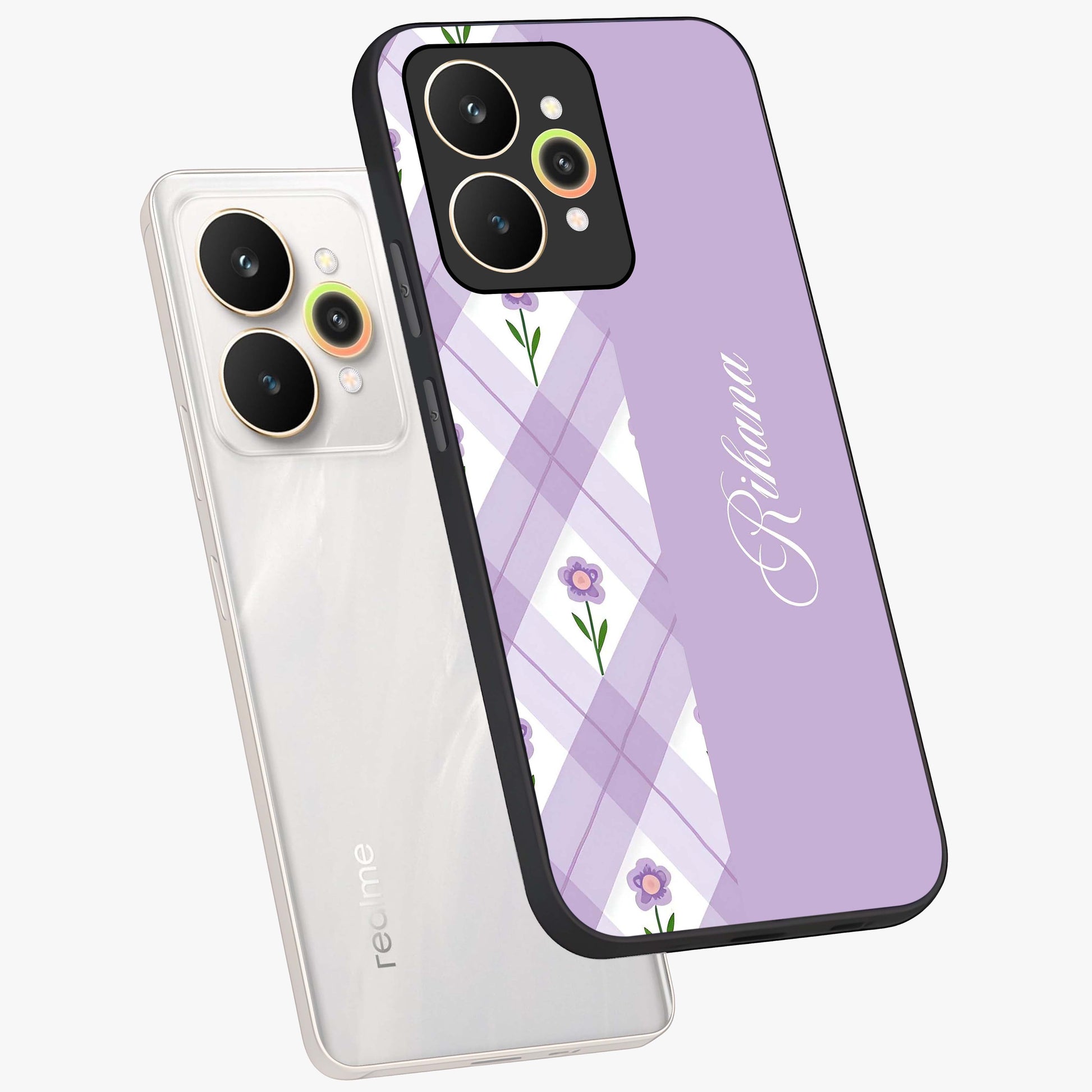 Purple Diamond Floral Glass Case displayed in angled mockup highlighting elegant purple flower design with decorative pattern.