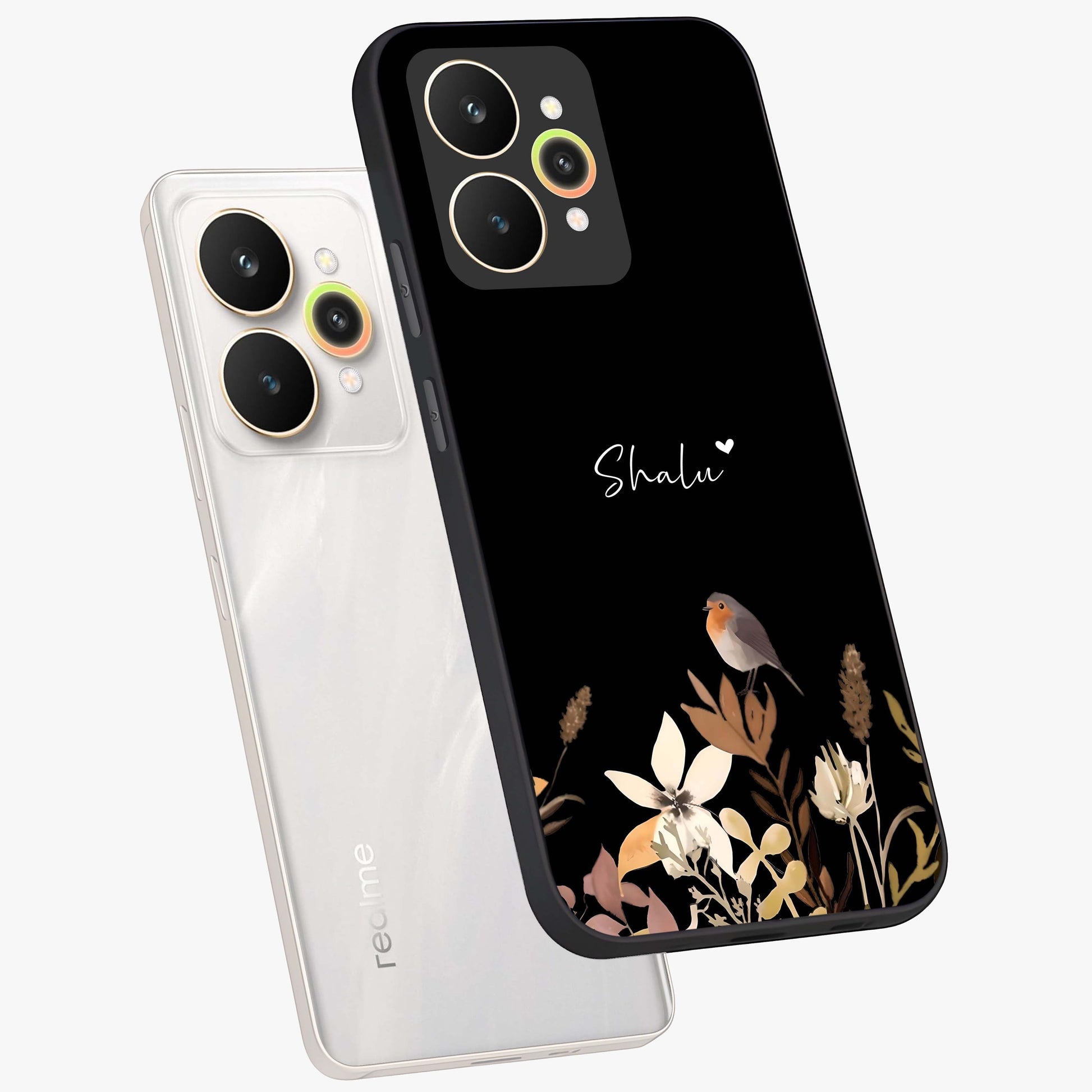 Quiet Garden Tune Custom Name Glass Case displayed in angled mockup highlighting delicate floral garden design with custom name feature.
