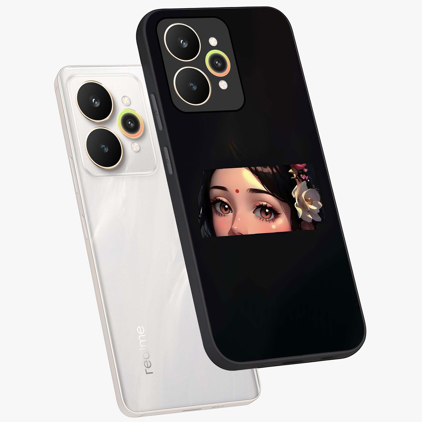 Radha Divine Embrace Glass Case displayed in angled mockup highlighting graceful spiritual illustration with divine aesthetic.