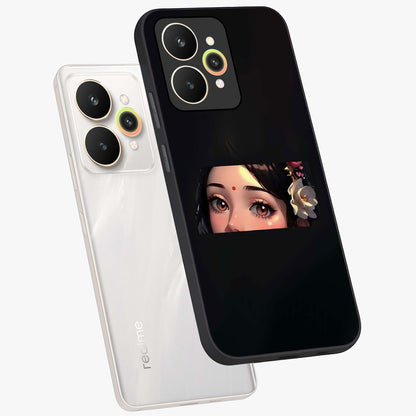 Radha Divine Embrace Glass Case displayed in angled mockup highlighting graceful spiritual illustration with divine aesthetic.